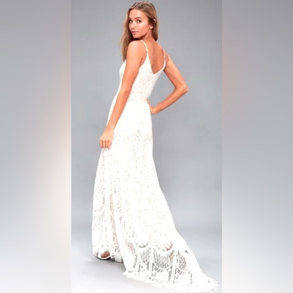 Lulus Flynn Antique White Over Nude Embroidered Lace Wedding Dress w Mini Train - Picture 8 of 15